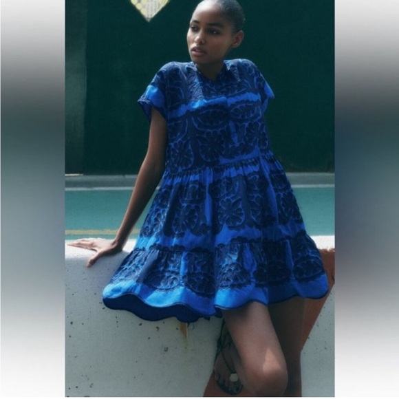 Zara blue embroidered dress sz XL - Picture 5 of 6